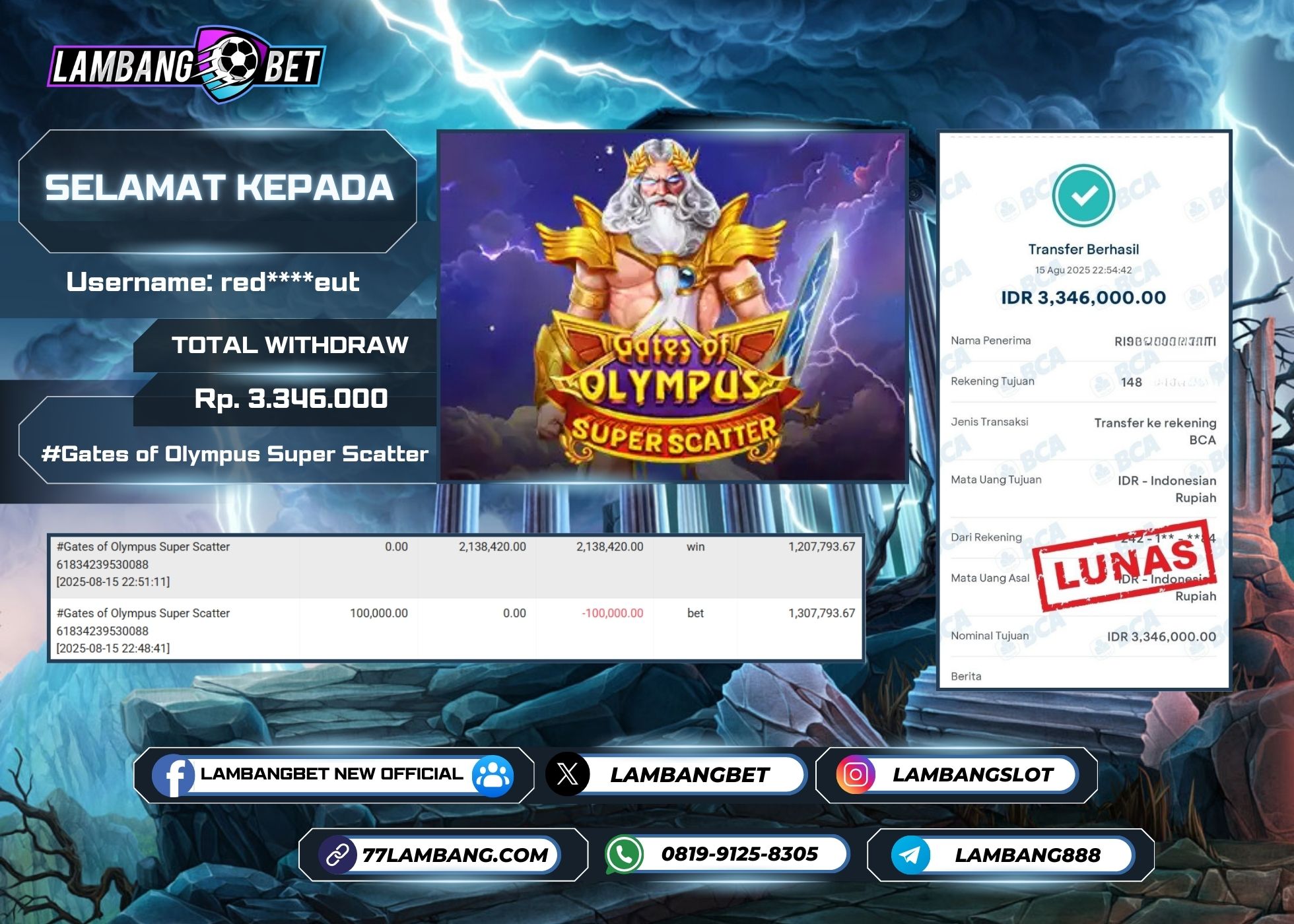LAMBANGBET [15 AUGUST 2025] JACKPOT SLOT Gates of Olympus Super Scatter "Rp3.346.000" LUNAS